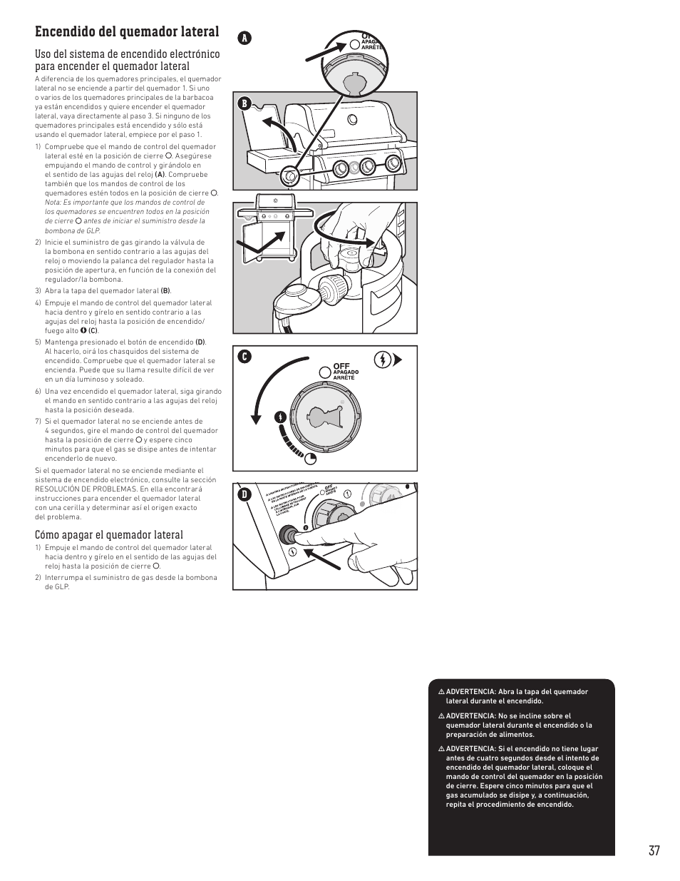 Encendido del quemador lateral, Cómo apagar el quemador lateral | weber Spirit Spirit SP-335 Freestanding Gas Grill User Guide User Manual | Page 37 / 68