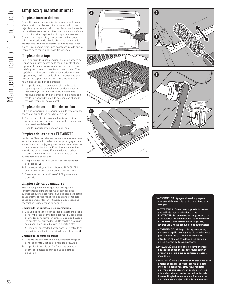 Man ten im ien to d el pr od uc to, Limpieza y mantenimiento | weber Spirit Spirit SP-335 Freestanding Gas Grill User Guide User Manual | Page 38 / 68