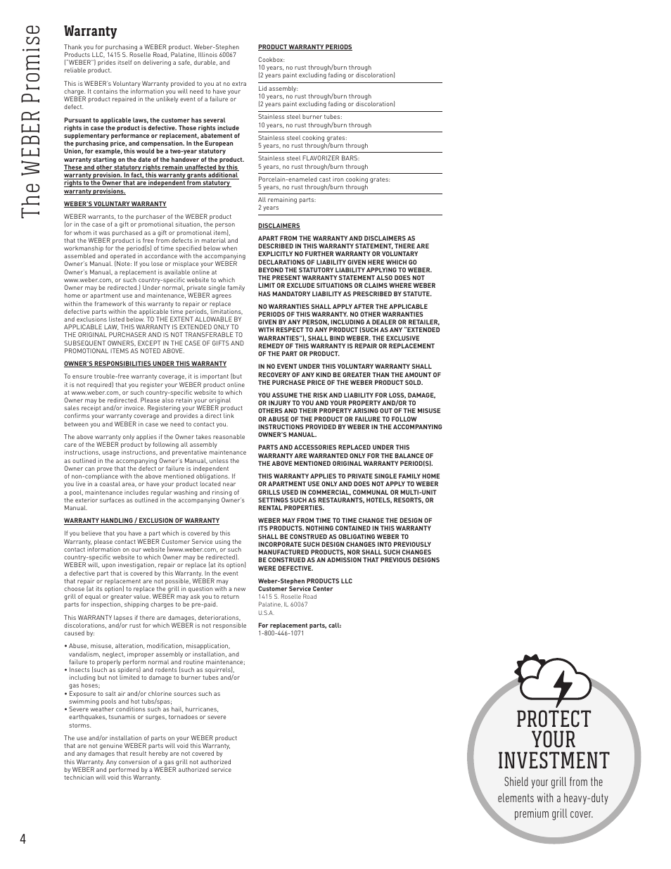Th e w eb er p ro m is e, Protect your investment, Warranty | weber Spirit Spirit SP-335 Freestanding Gas Grill User Guide User Manual | Page 4 / 68
