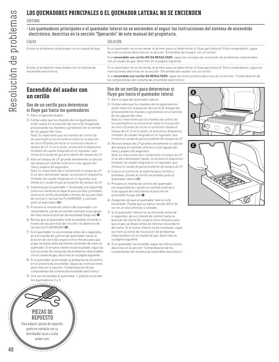 Encendido del asador con un cerillo, Piezas de repuesto | weber Spirit Spirit SP-335 Freestanding Gas Grill User Guide User Manual | Page 40 / 68