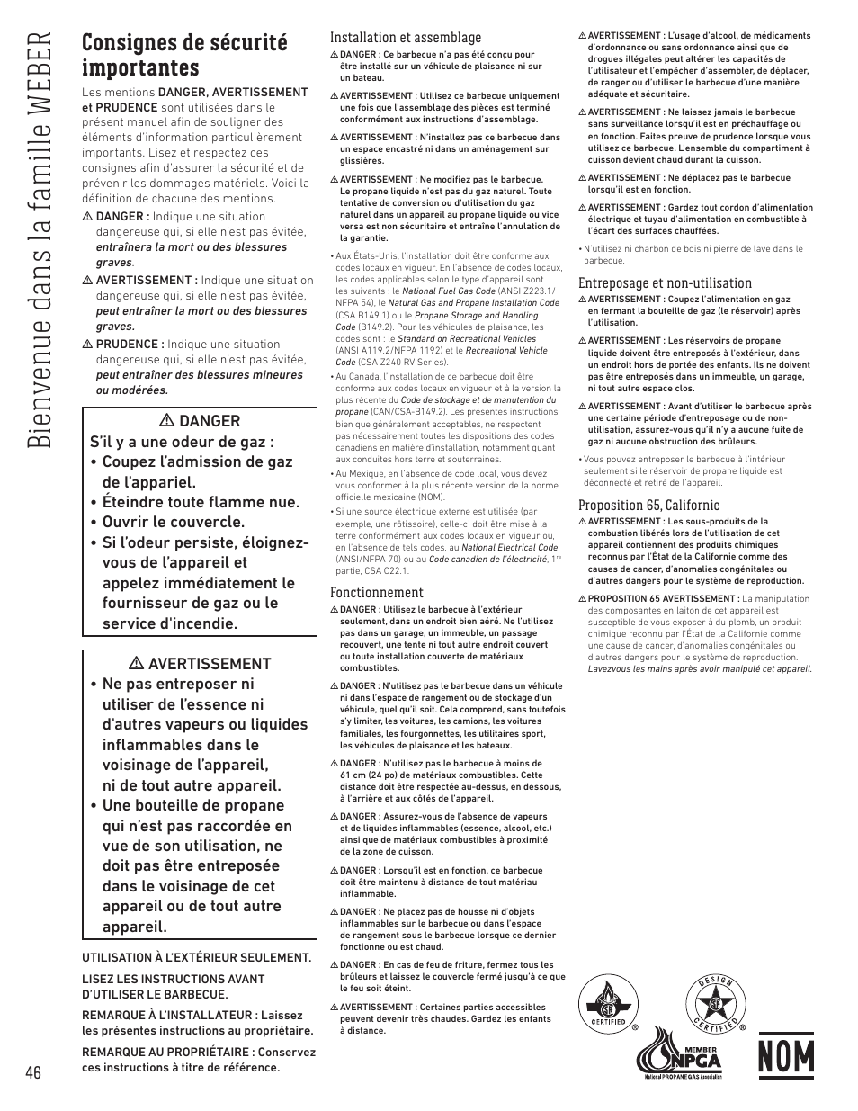 Consignes de sécurité importantes | weber Spirit Spirit SP-335 Freestanding Gas Grill User Guide User Manual | Page 46 / 68