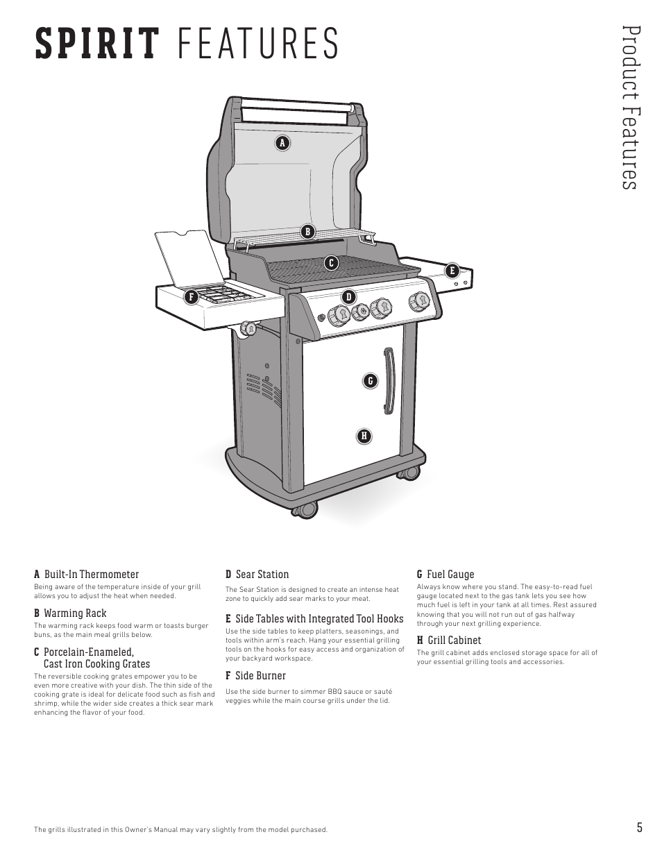 Spirit features, Pr od uc t f ea tur es | weber Spirit Spirit SP-335 Freestanding Gas Grill User Guide User Manual | Page 5 / 68