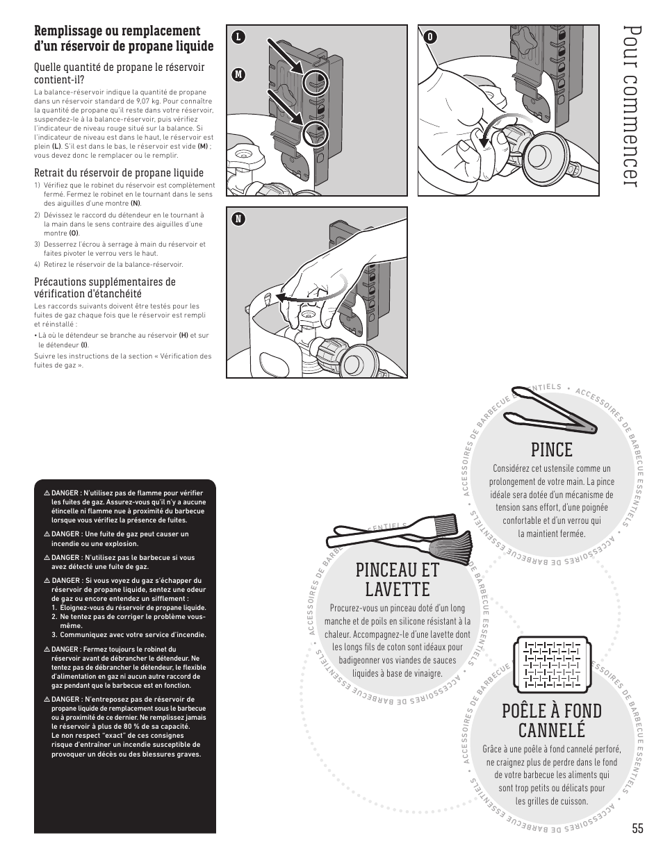 Po ur co m m en ce r, Pince, Poêle à fond cannelé | Pinceau et lavette, Retrait du réservoir de propane liquide | weber Spirit Spirit SP-335 Freestanding Gas Grill User Guide User Manual | Page 55 / 68