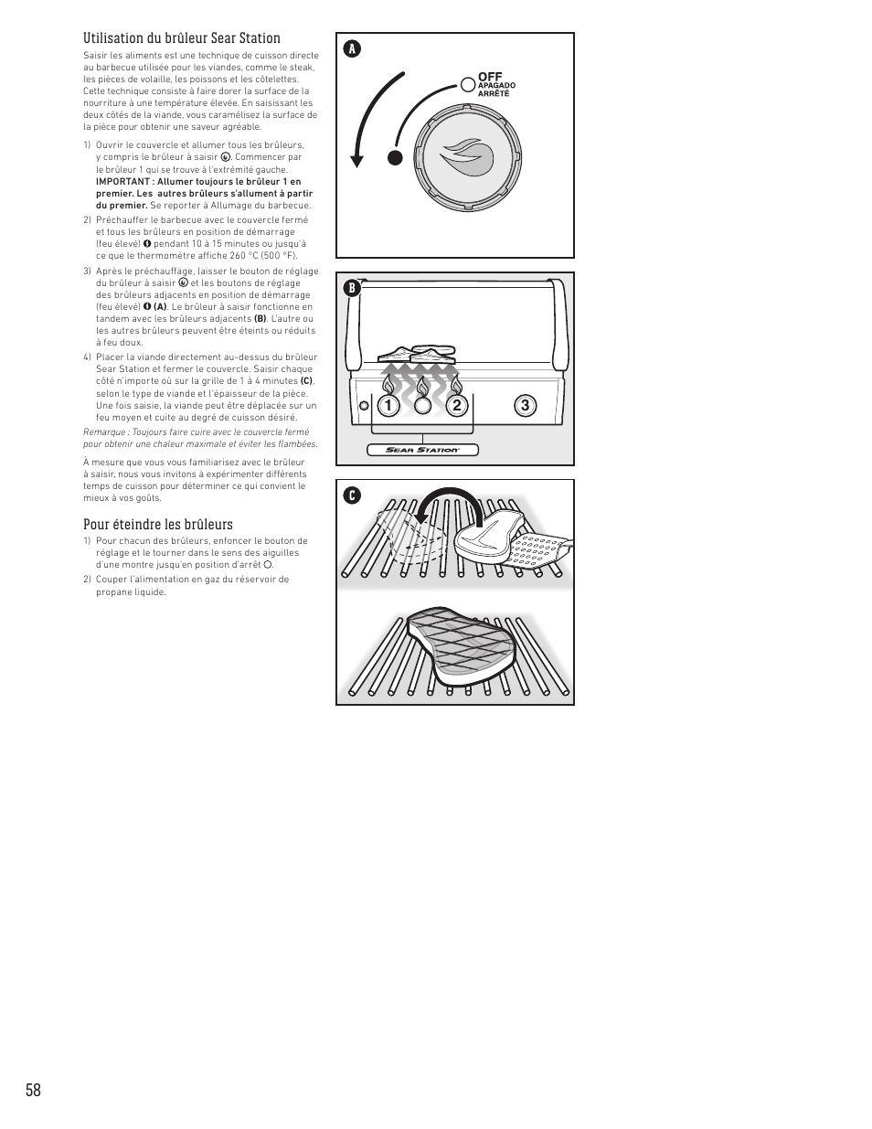 Utilisation du brûleur sear station, Pour éteindre les brûleurs | weber Spirit Spirit SP-335 Freestanding Gas Grill User Guide User Manual | Page 58 / 68