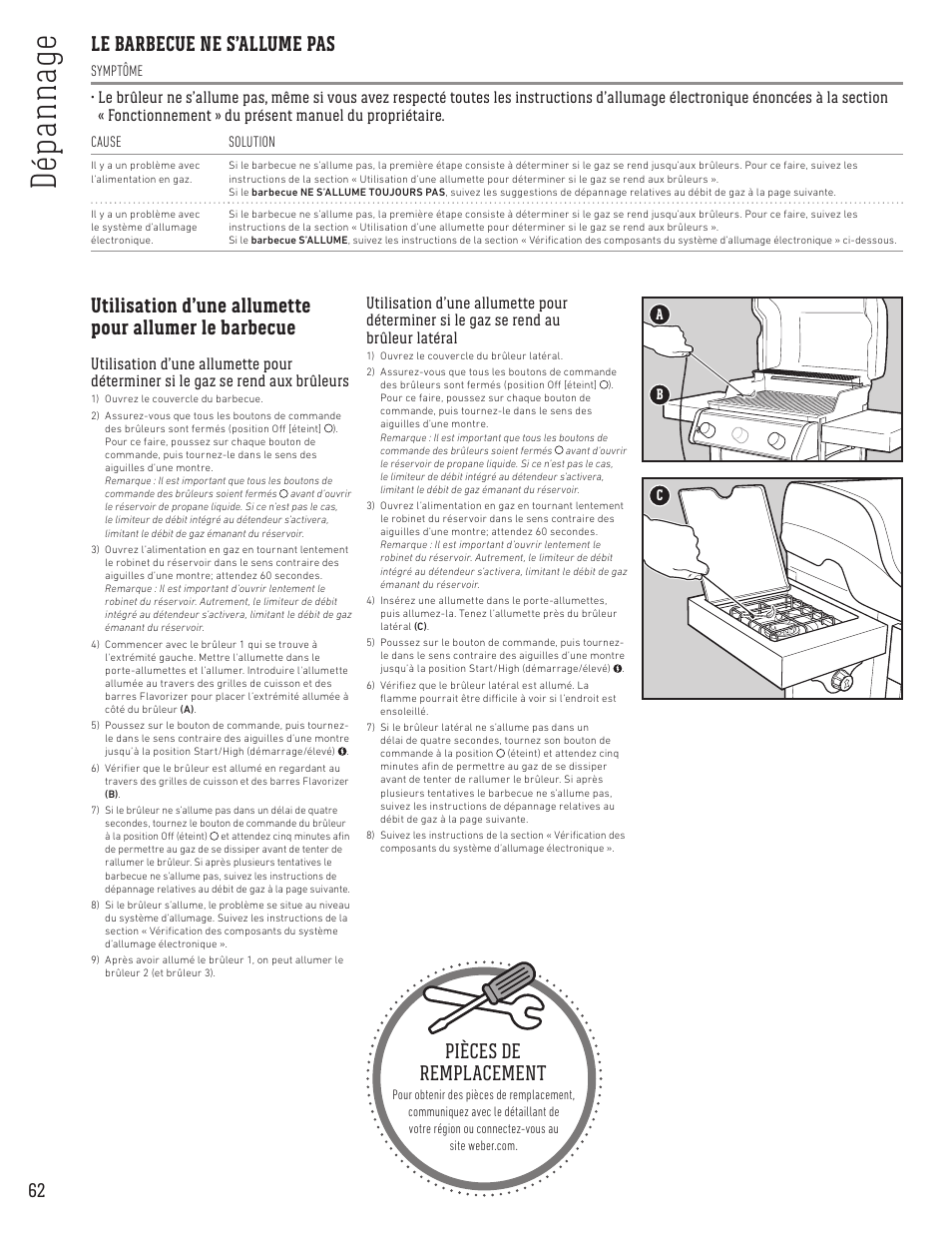 Dé pan na ge, Le barbecue ne s’allume pas, Pièces de remplacement | weber Spirit Spirit SP-335 Freestanding Gas Grill User Guide User Manual | Page 62 / 68