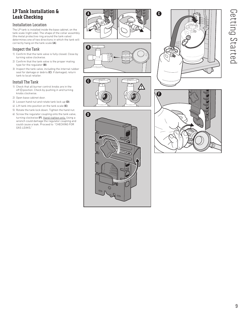 Ge ttin g s tar te d, Lp tank installation & leak checking | weber Spirit Spirit SP-335 Freestanding Gas Grill User Guide User Manual | Page 9 / 68