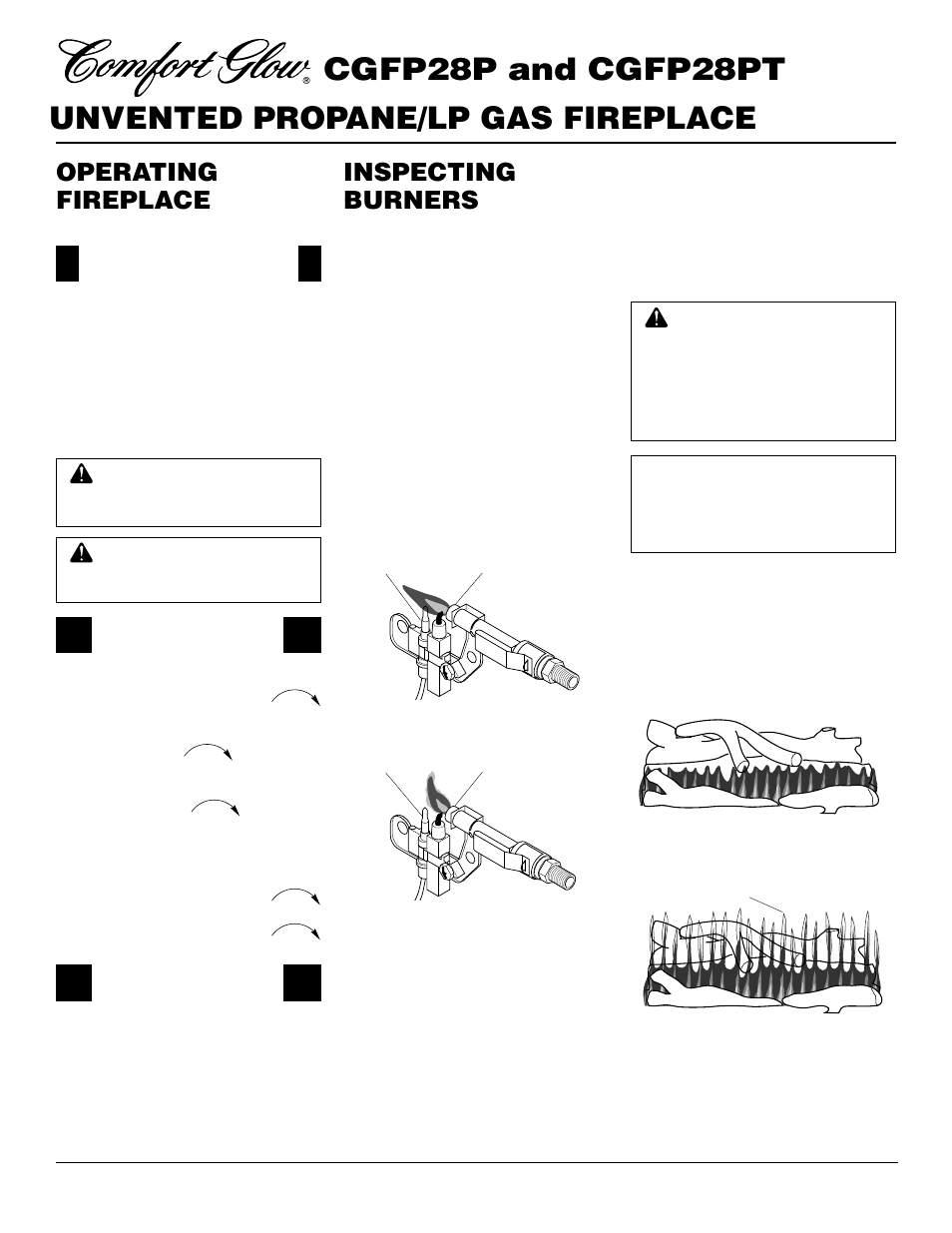 Inspecting burners, Operating fireplace, Continued | Desa CGFP28PT User Manual | Page 20 / 34