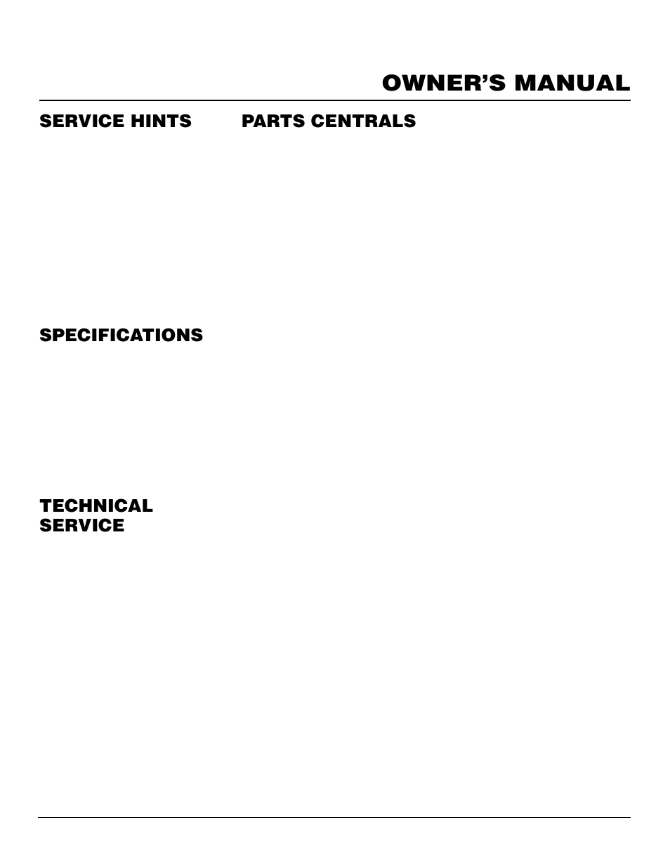 Owner’s manual, Service hints, Technical service | Specifications, Parts centrals | Desa CGFP28PT User Manual | Page 25 / 34