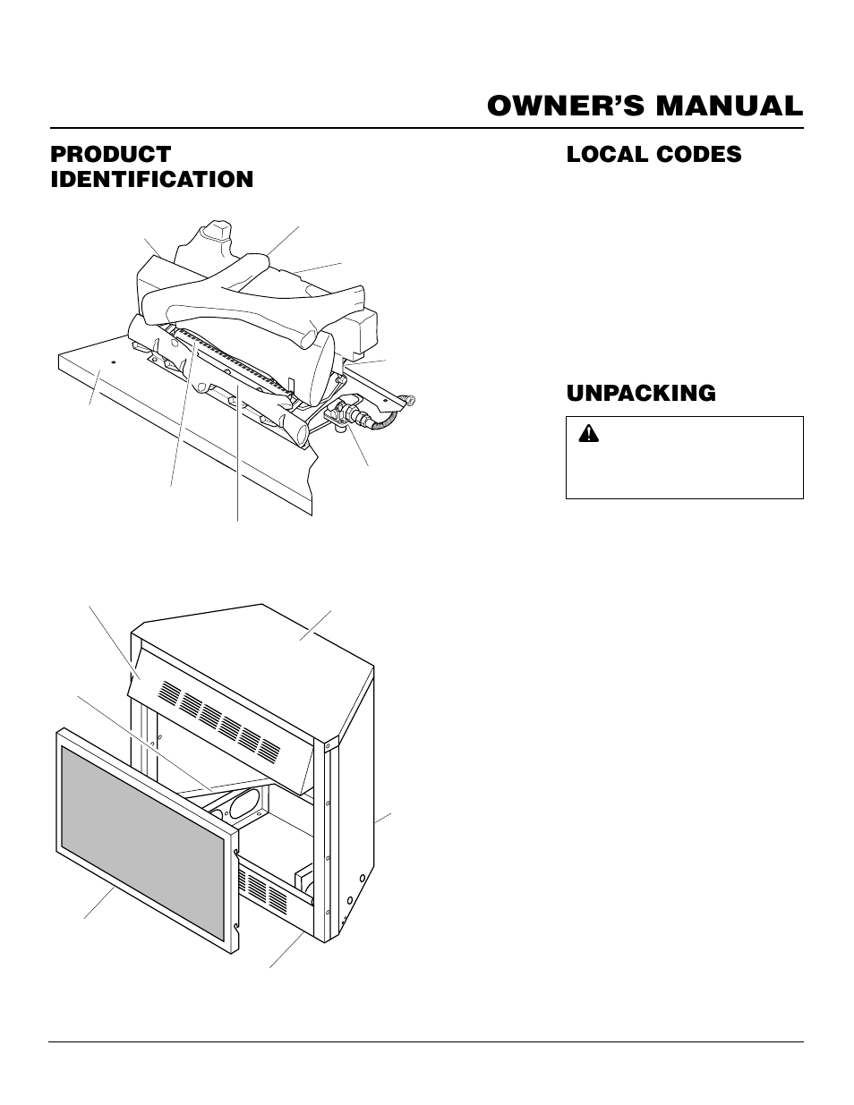 Owner’s manual, Product identification, Local codes | Unpacking | Desa CGFP28PT User Manual | Page 3 / 34