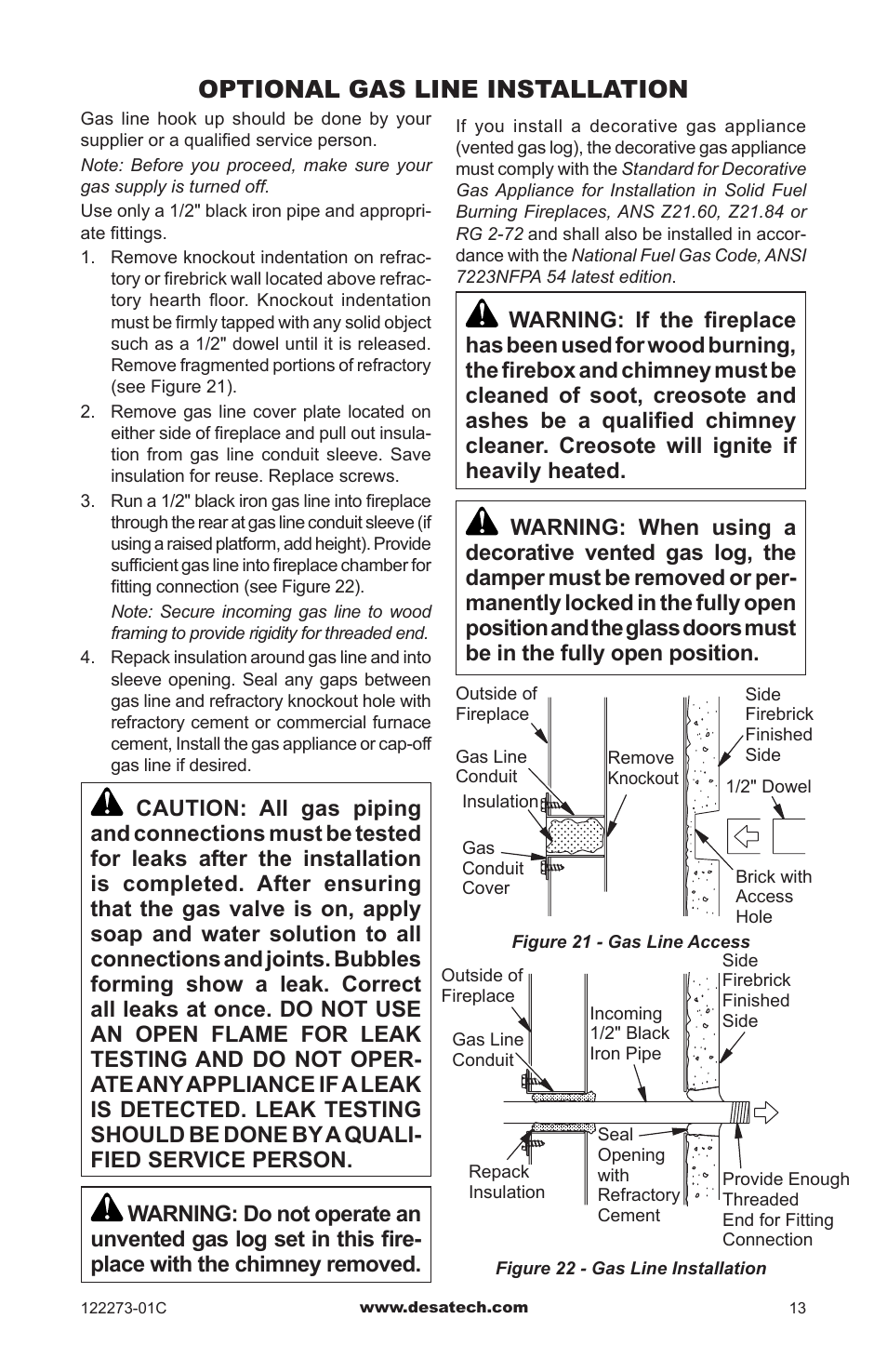 Optional gas line installation | Desa WCM-50J User Manual | Page 13 / 40