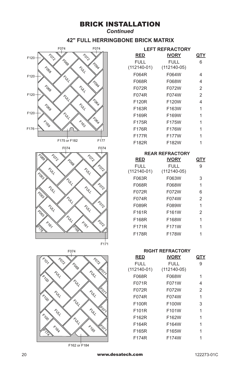 Brick installation, 42" full herringbone brick matrix, Continued | Desa WCM-50J User Manual | Page 20 / 40