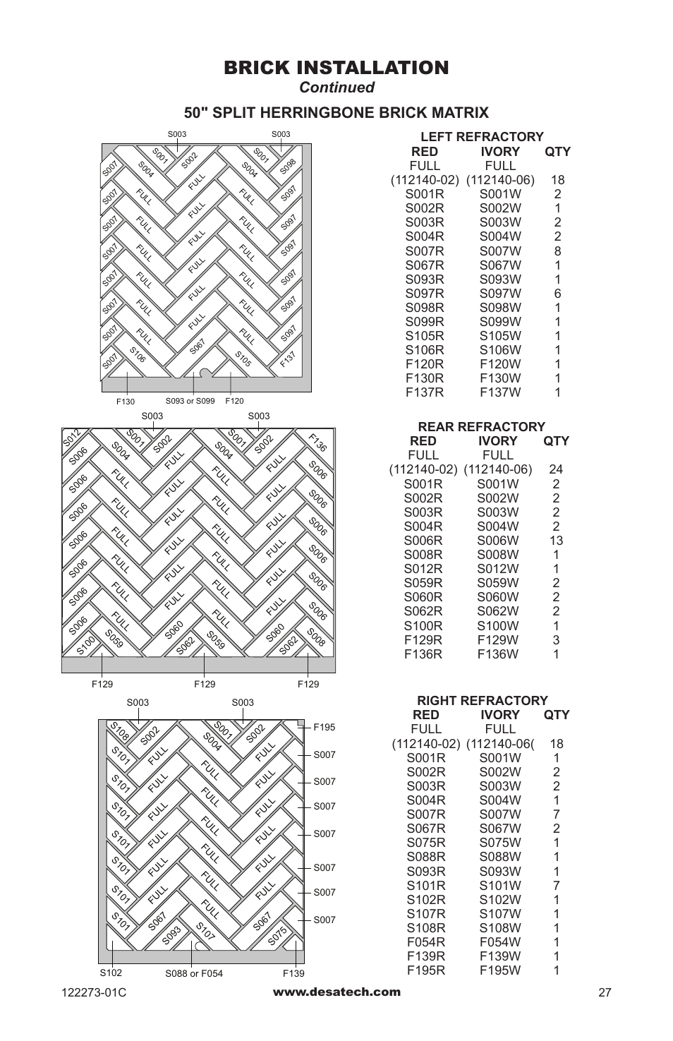 Brick installation, Continued 50" split herringbone brick matrix | Desa WCM-50J User Manual | Page 27 / 40