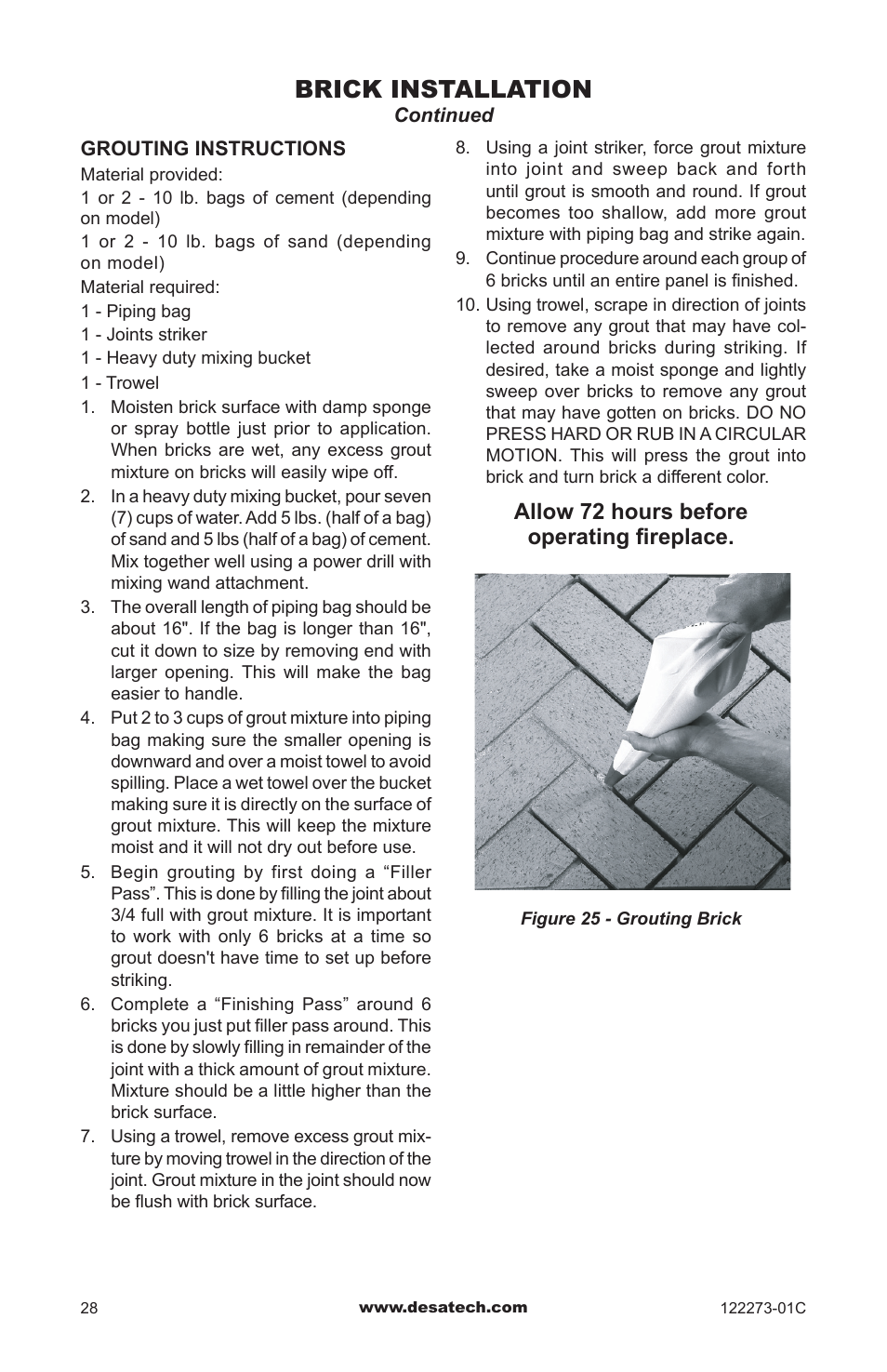 Brick installation, Allow 72 hours before operating fireplace | Desa WCM-50J User Manual | Page 28 / 40