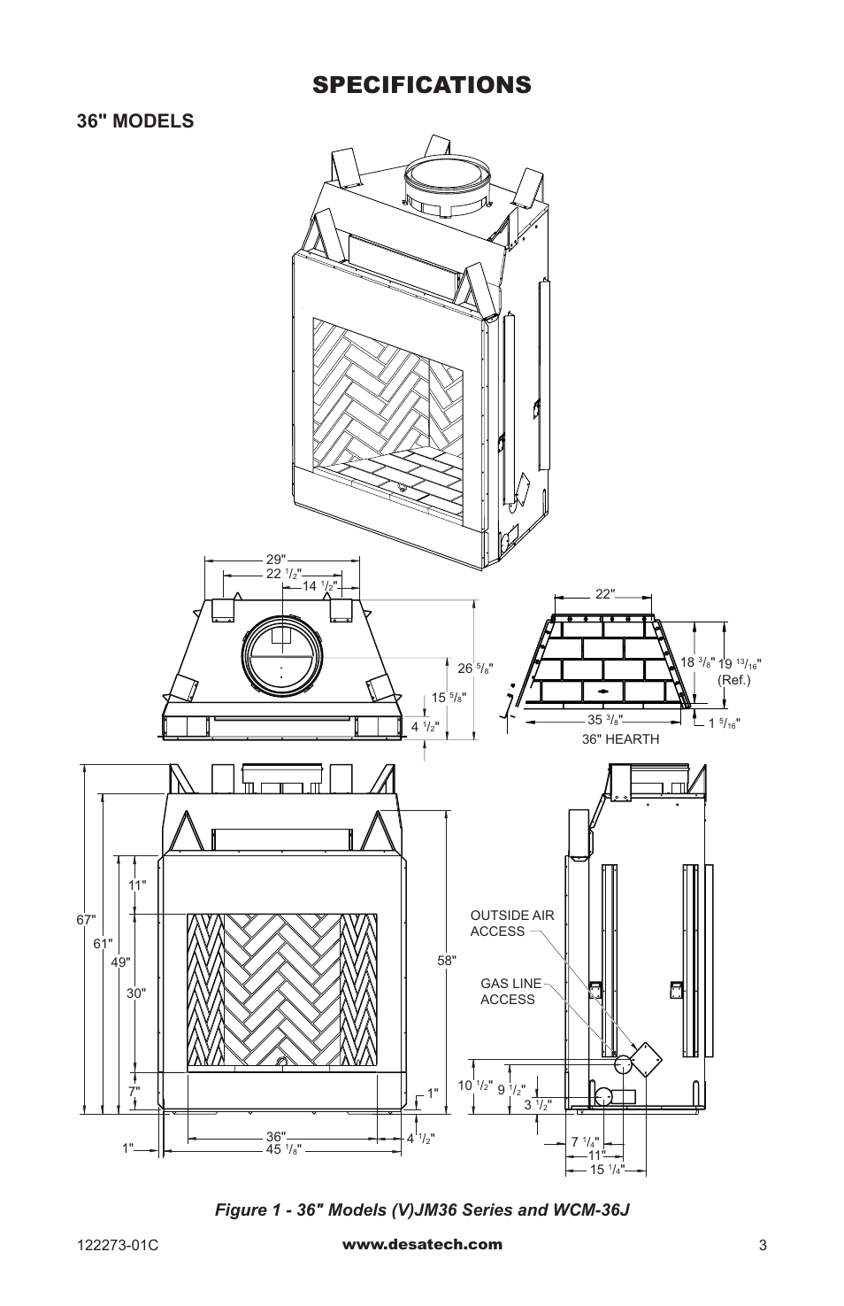 Specifications, 36" models | Desa WCM-50J User Manual | Page 3 / 40