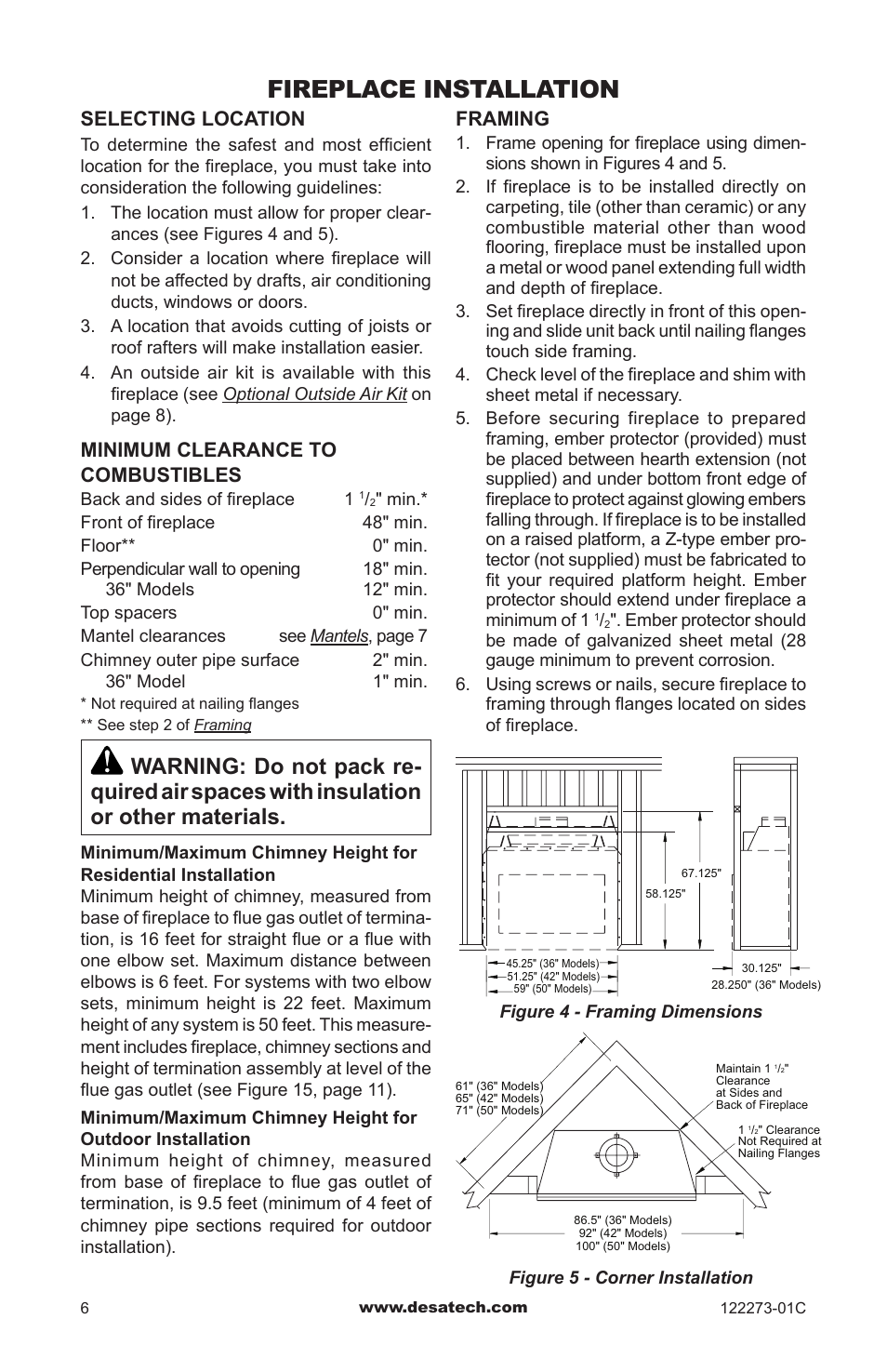 Fireplace installation, Framing, Selecting location | Minimum clearance to combustibles | Desa WCM-50J User Manual | Page 6 / 40