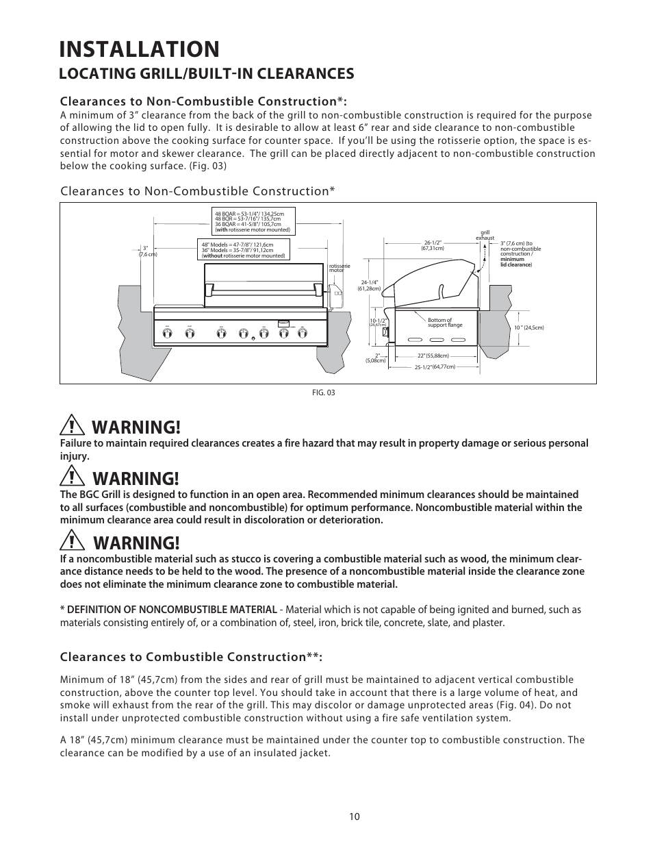 Installation, Warning, Locating grill/built-in clearances | Clearances to combustible construction | DCS Use & Care Guide User Manual | Page 12 / 80