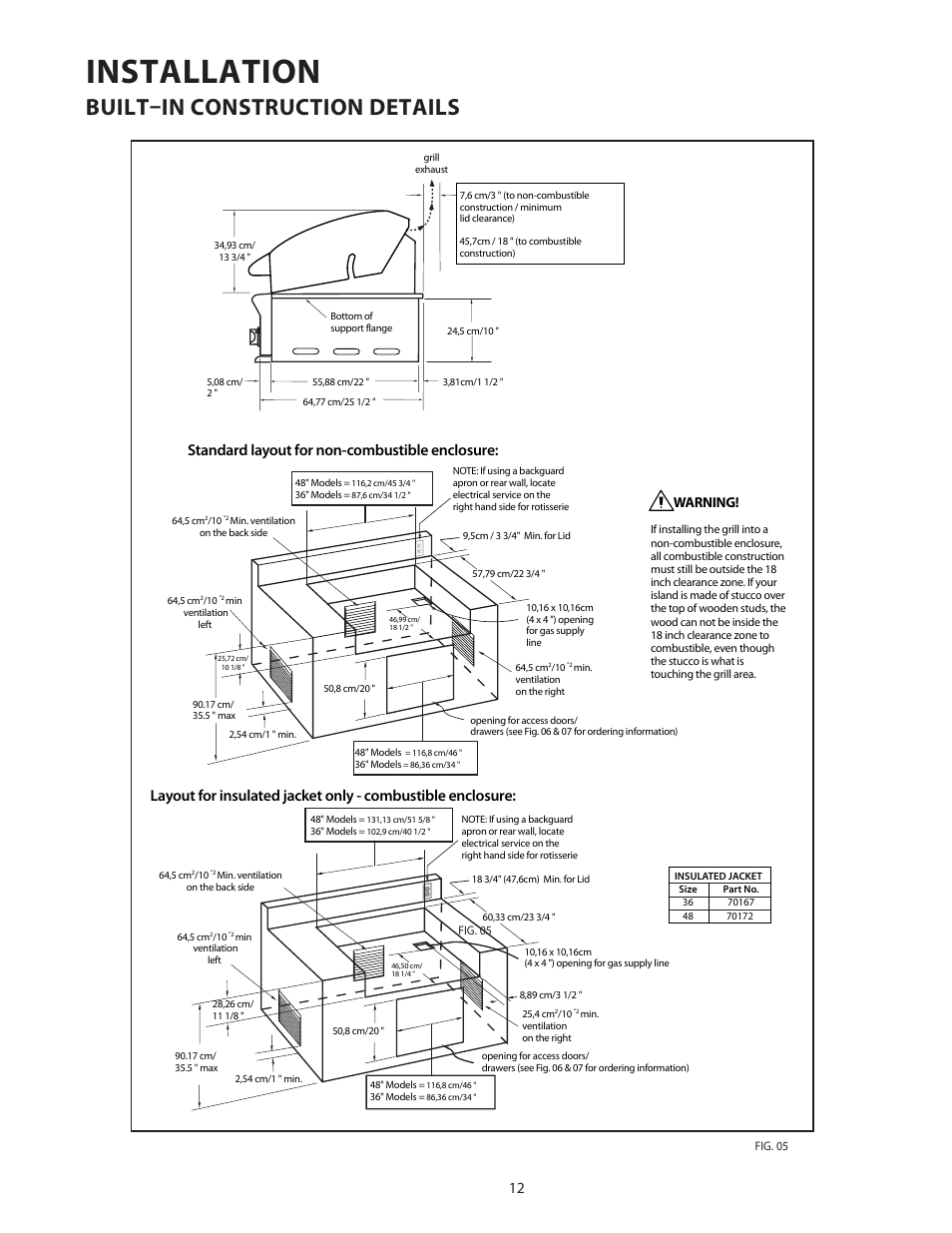 Installation, Built–in construction details, Standard layout for non-combustible enclosure | Warning | DCS Use & Care Guide User Manual | Page 14 / 80