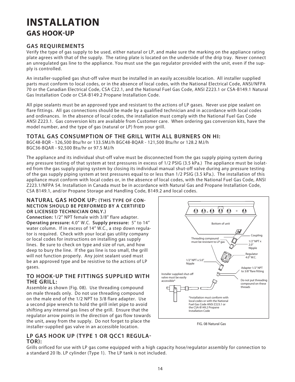 Installation, Gas hook-up, Gas requirements | Natural gas hook up, Lp gas hook up (type 1 or qcc1 regula- tor) | DCS Use & Care Guide User Manual | Page 16 / 80