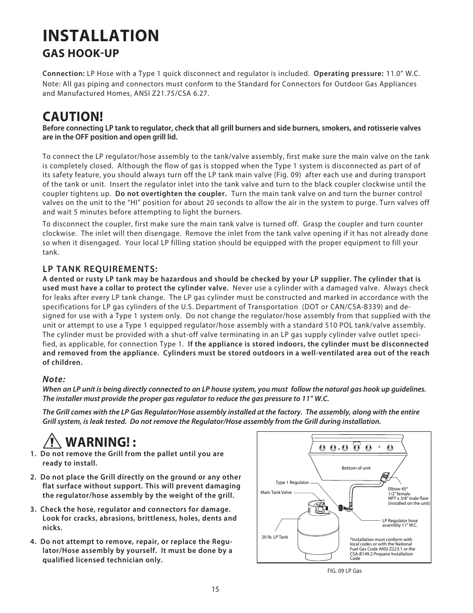 Installation, Caution, Warning | Gas hook-up, Lp tank requirements | DCS Use & Care Guide User Manual | Page 17 / 80
