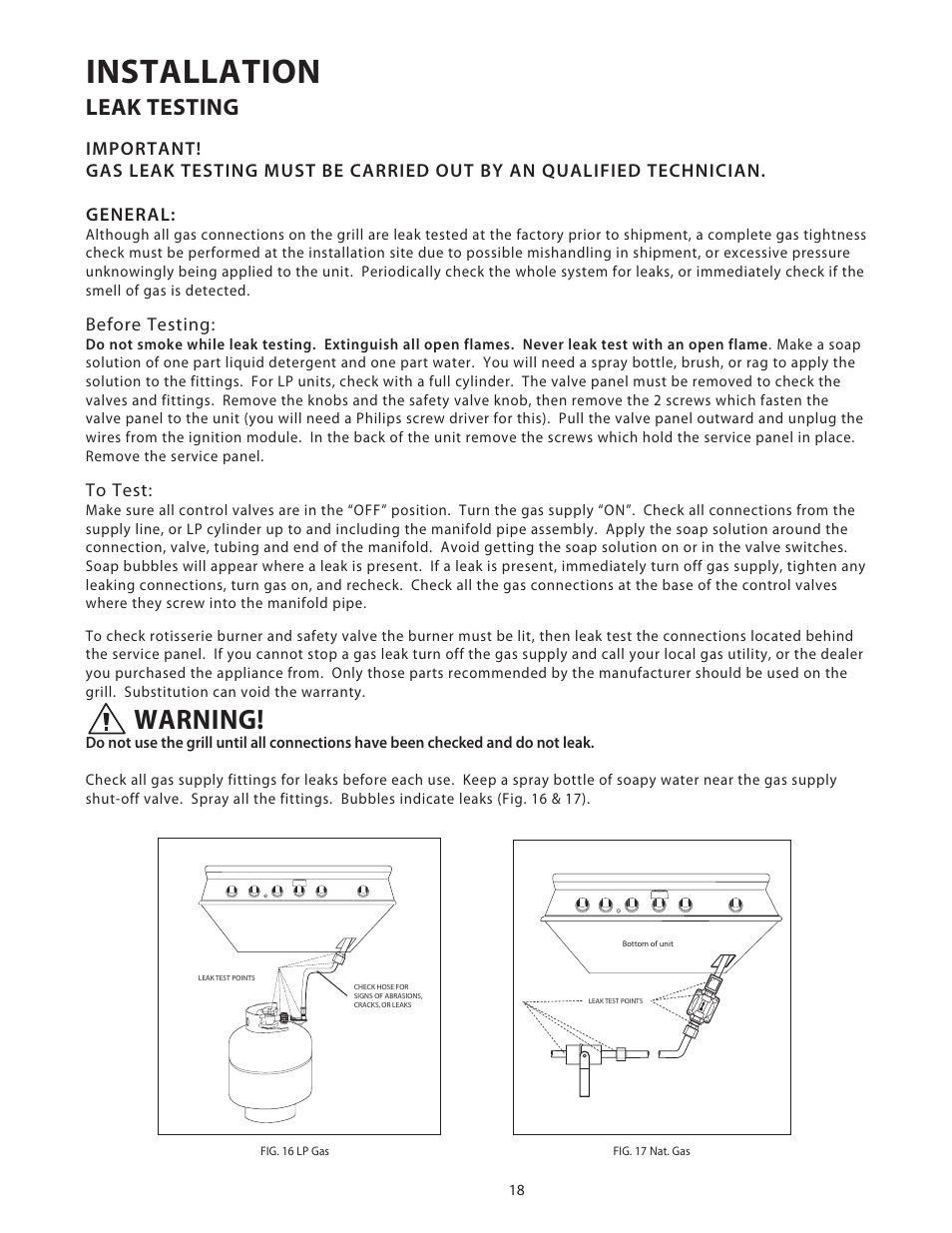 Installation, Warning, Leak testing | DCS Use & Care Guide User Manual | Page 20 / 80