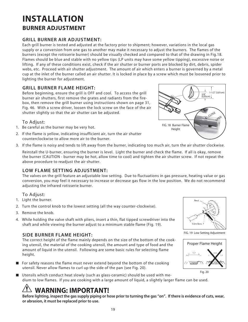 Installation, Warning: important, Burner adjustment | DCS Use & Care Guide User Manual | Page 21 / 80