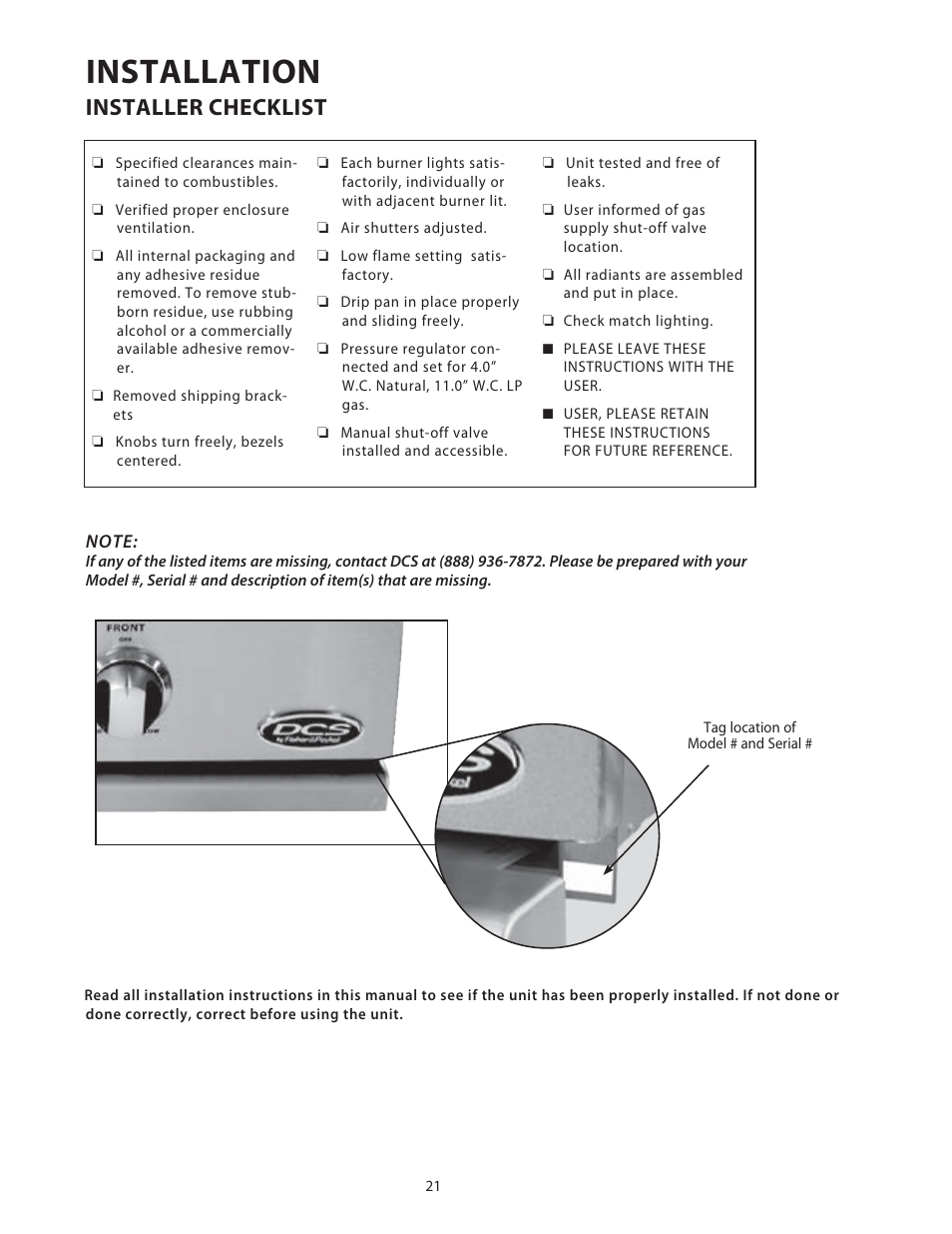 Installation, Installer checklist | DCS Use & Care Guide User Manual | Page 23 / 80