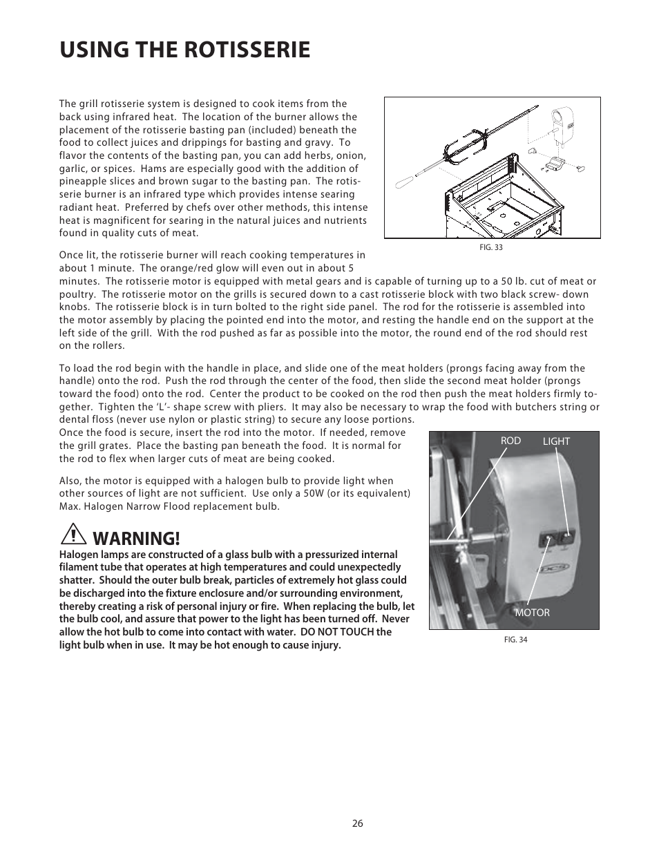 Using the rotisserie, Warning | DCS Use & Care Guide User Manual | Page 28 / 80