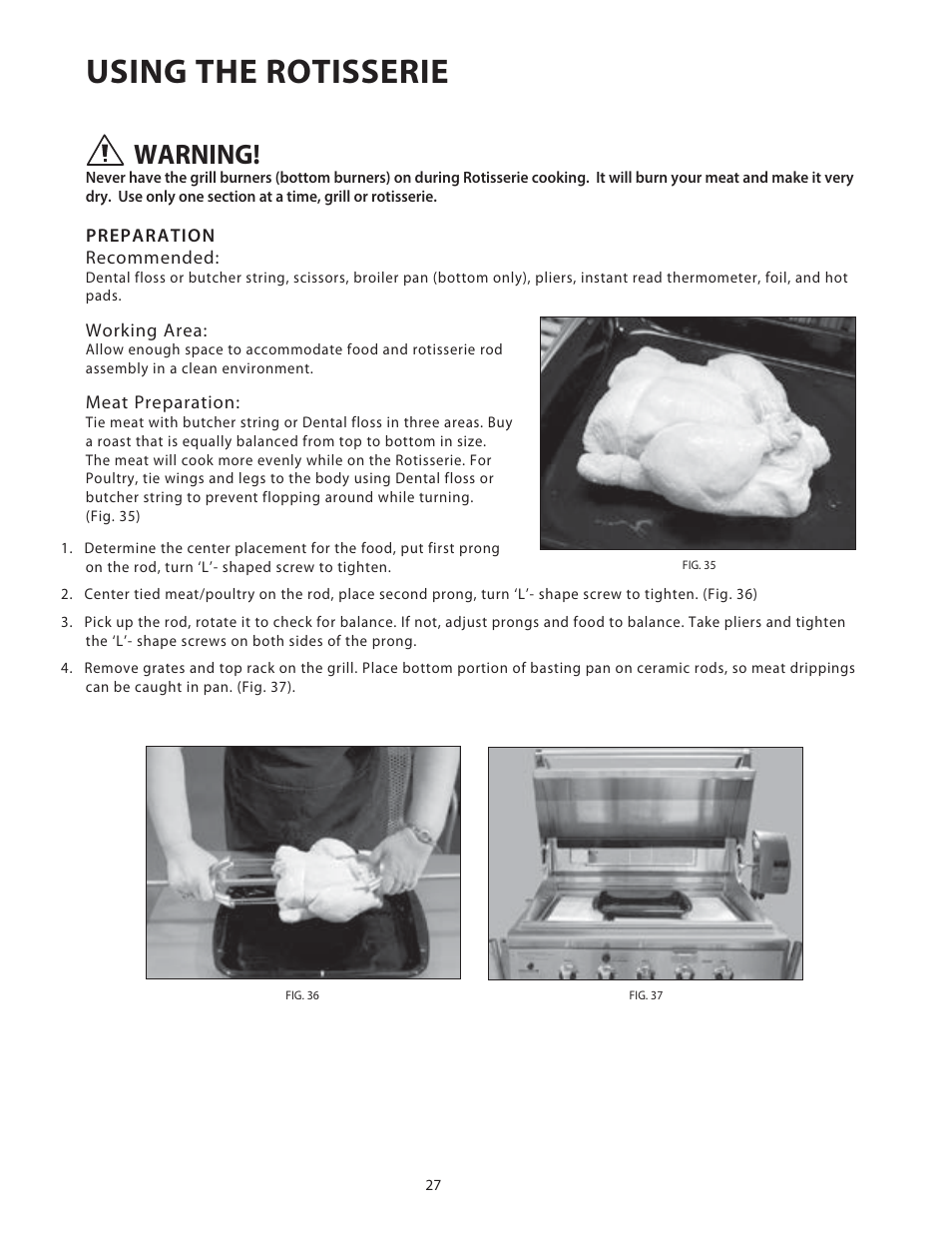 Using the rotisserie, Warning | DCS Use & Care Guide User Manual | Page 29 / 80