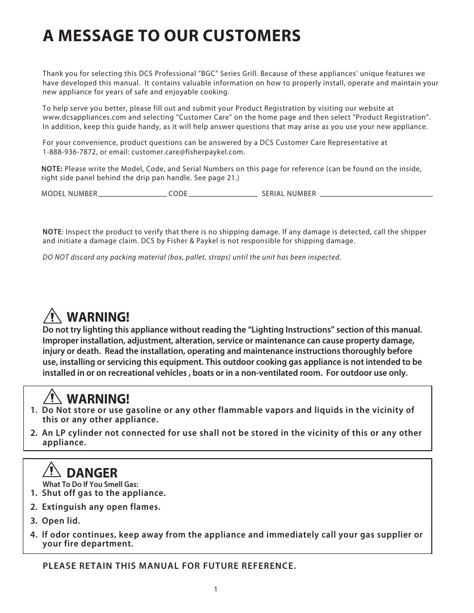 A message to our customers, Warning, Danger | DCS Use & Care Guide User Manual | Page 3 / 80