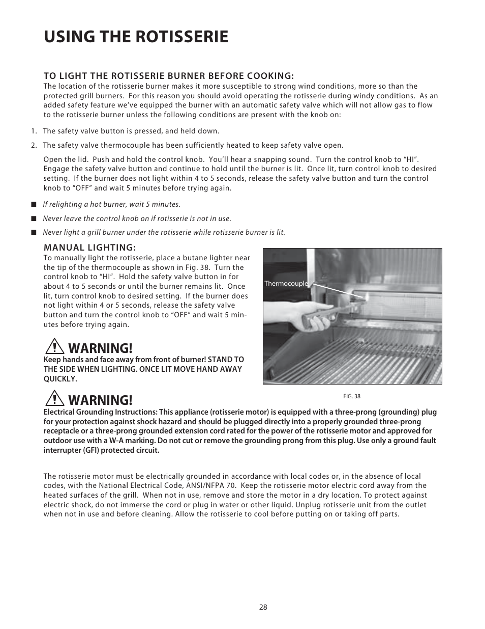 Using the rotisserie, Warning | DCS Use & Care Guide User Manual | Page 30 / 80