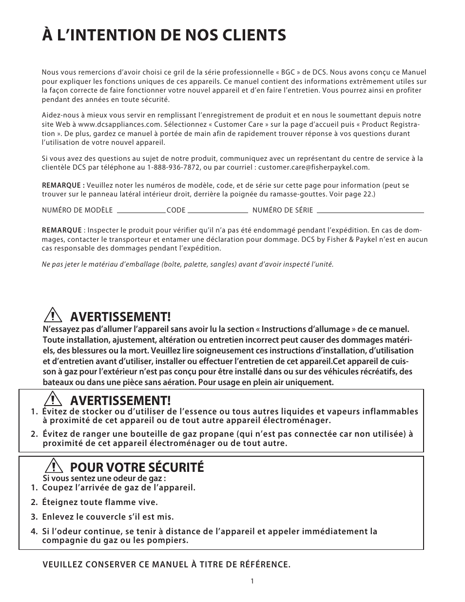 À l’intention de nos clients, Avertissement, Pour votre sécurité | DCS Use & Care Guide User Manual | Page 41 / 80