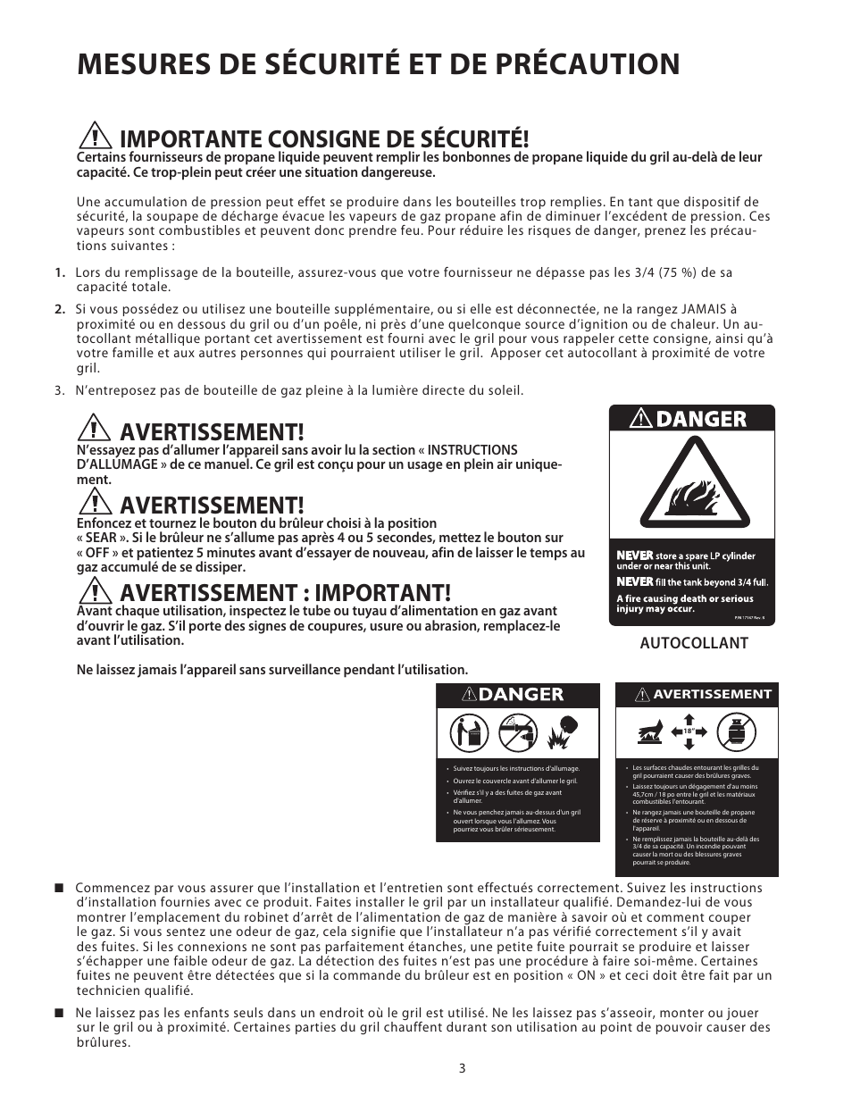 Mesures de sécurité et de précaution, Importante consigne de sécurité, Avertissement | Avertissement : important | DCS Use & Care Guide User Manual | Page 43 / 80