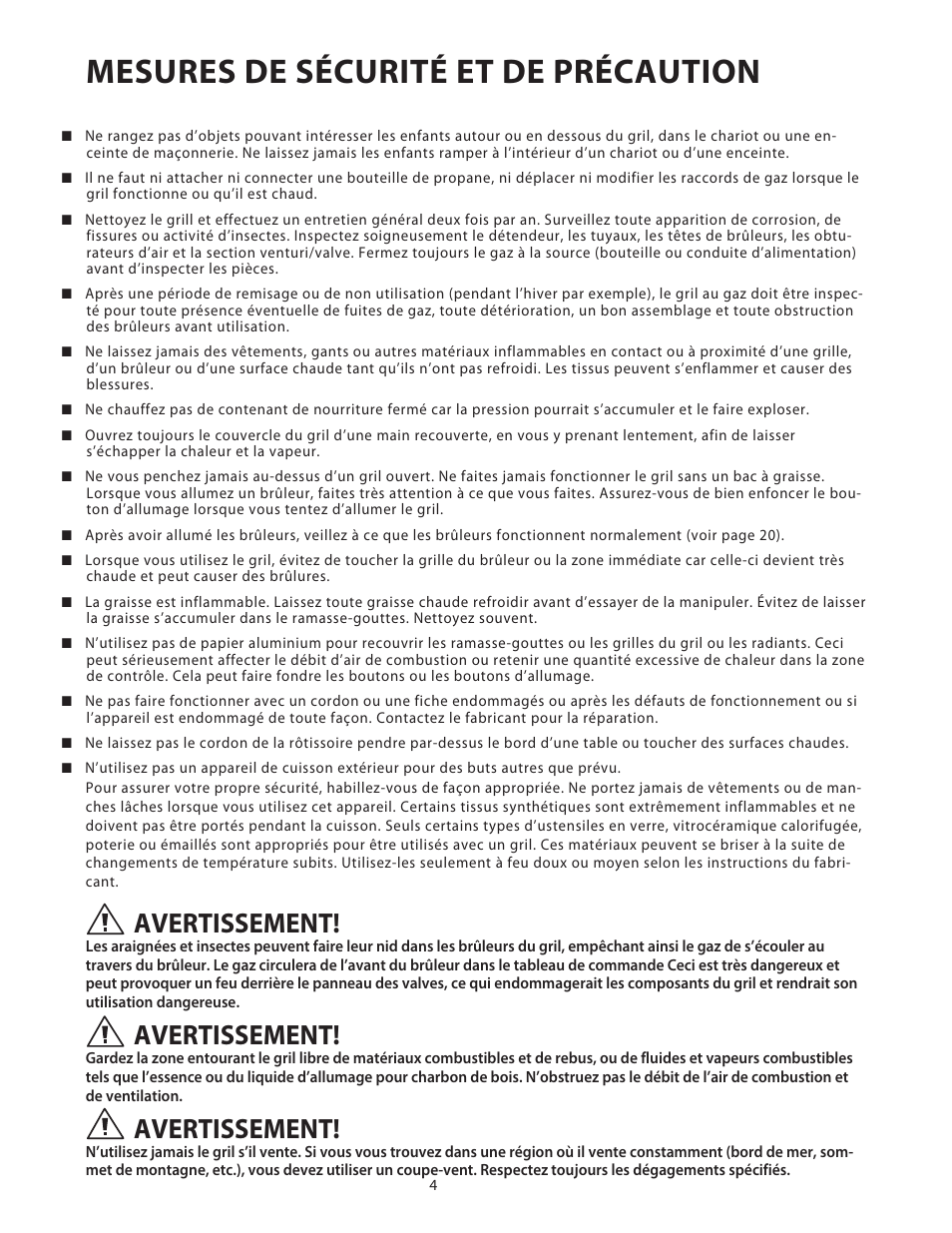 Mesures de sécurité et de précaution, Avertissement | DCS Use & Care Guide User Manual | Page 44 / 80