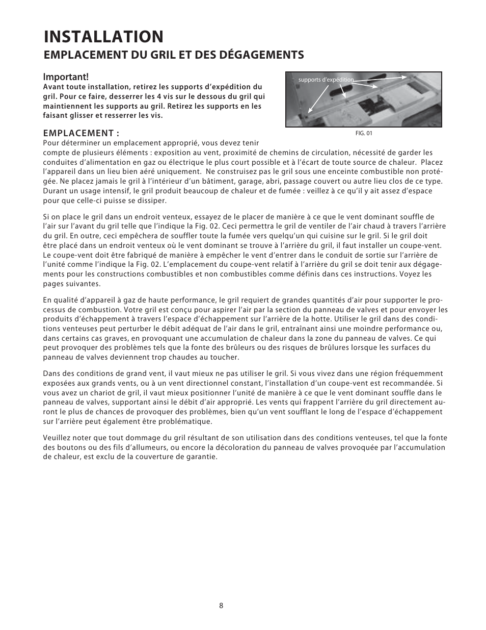 Installation, Emplacement du gril et des dégagements, Important | DCS Use & Care Guide User Manual | Page 48 / 80