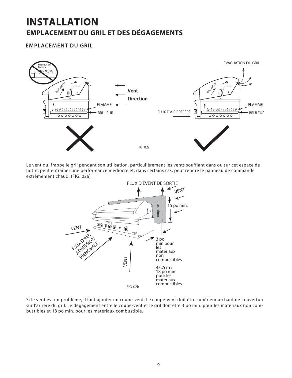 Installation, Emplacement du gril et des dégagements, Emplacement du gril | DCS Use & Care Guide User Manual | Page 49 / 80