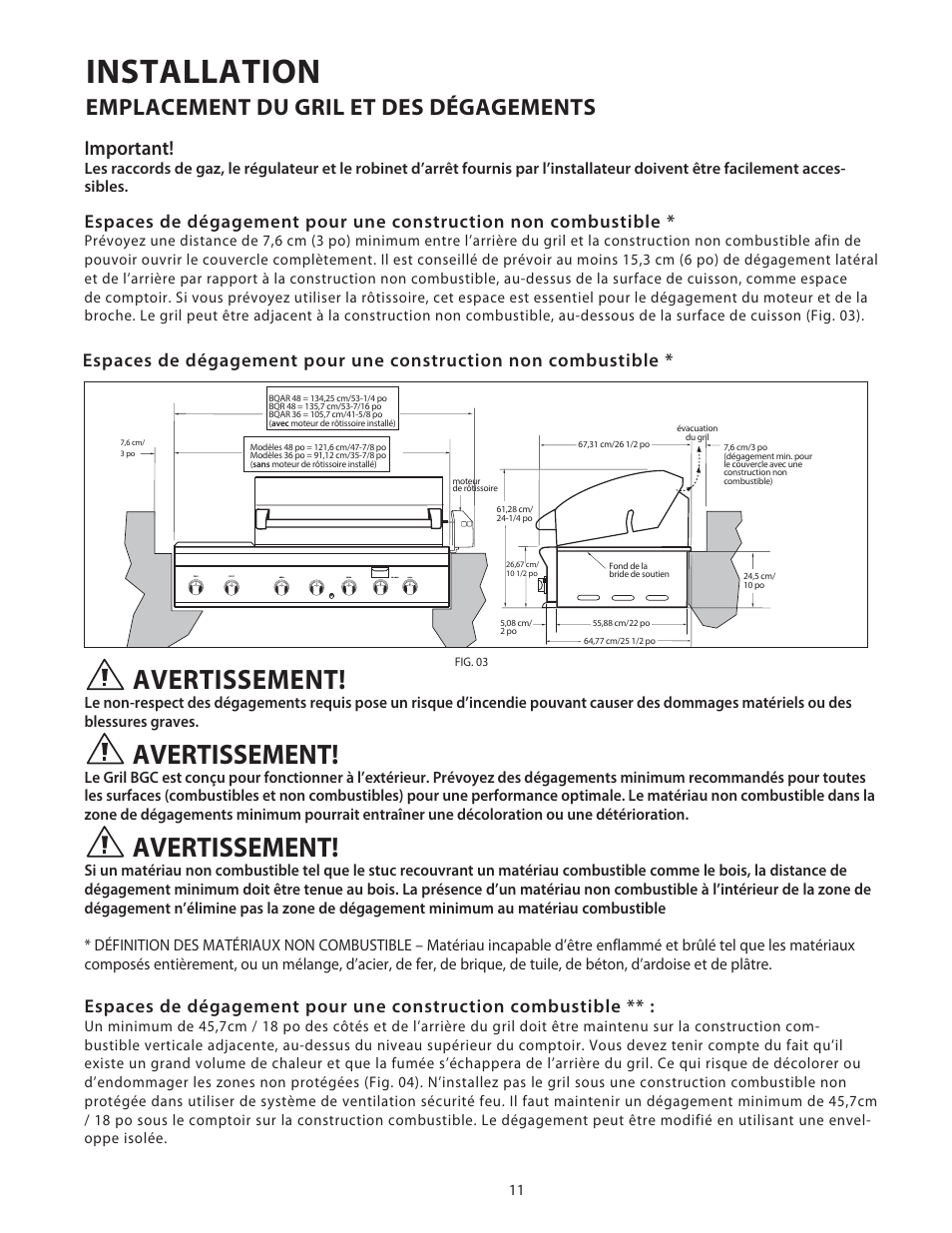 Installation, Avertissement, Emplacement du gril et des dégagements | Important | DCS Use & Care Guide User Manual | Page 51 / 80