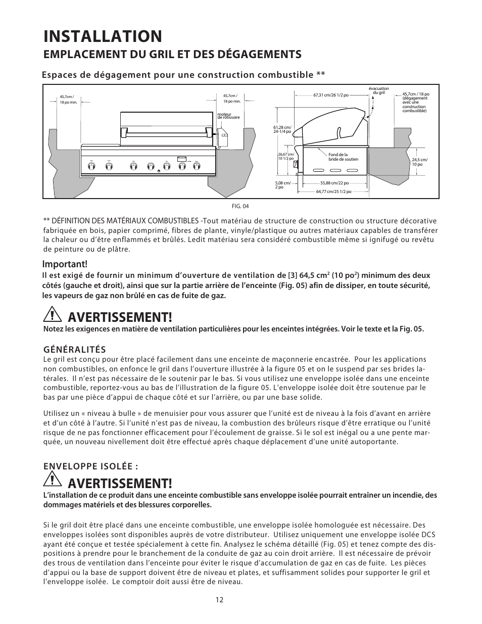 Installation, Avertissement, Emplacement du gril et des dégagements | Important, Généralités, Enveloppe isolée | DCS Use & Care Guide User Manual | Page 52 / 80