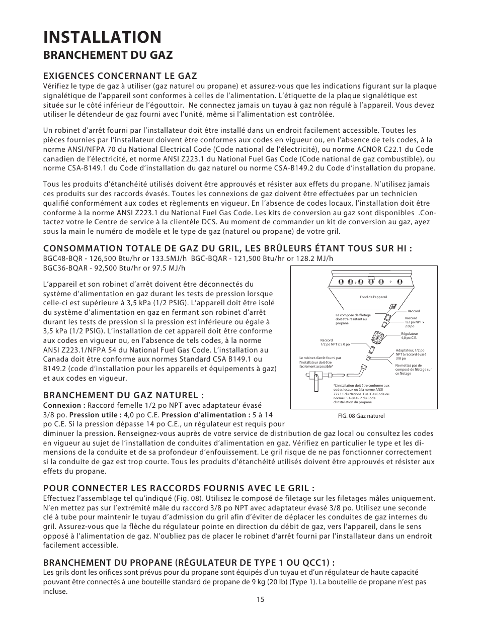Installation, Branchement du gaz, Exigences concernant le gaz | Branchement du gaz naturel, Pour connecter les raccords fournis avec le gril | DCS Use & Care Guide User Manual | Page 55 / 80