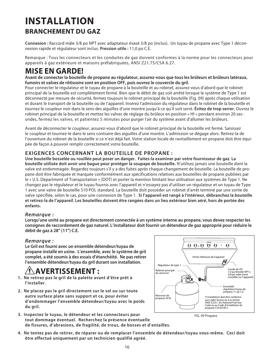 Installation, Mise en garde, Avertissement | Branchement du gaz | DCS Use & Care Guide User Manual | Page 56 / 80