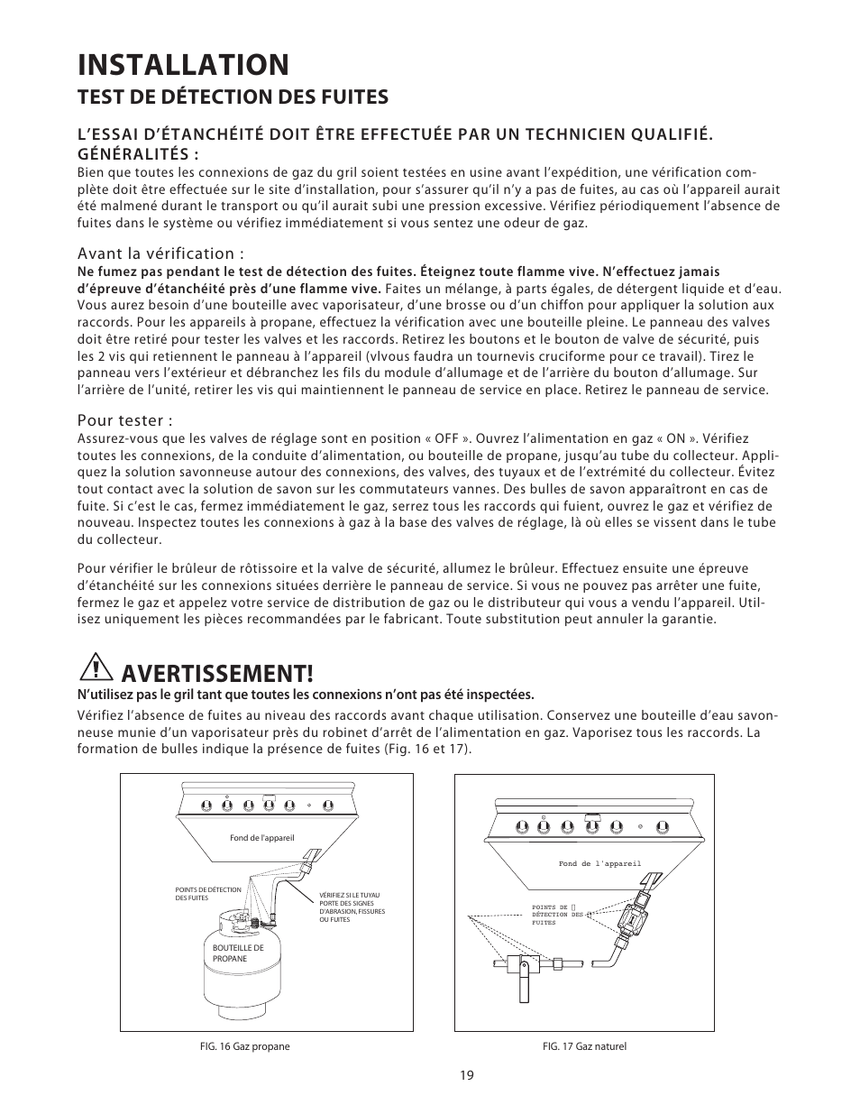 Installation, Avertissement, Test de détection des fuites | DCS Use & Care Guide User Manual | Page 59 / 80