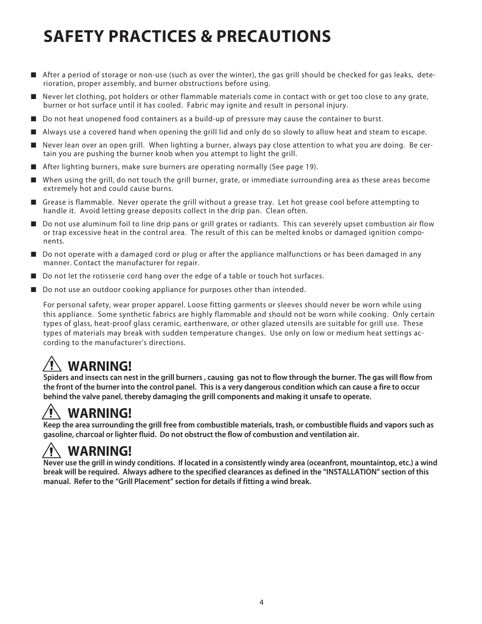 Safety practices & precautions, Warning | DCS Use & Care Guide User Manual | Page 6 / 80