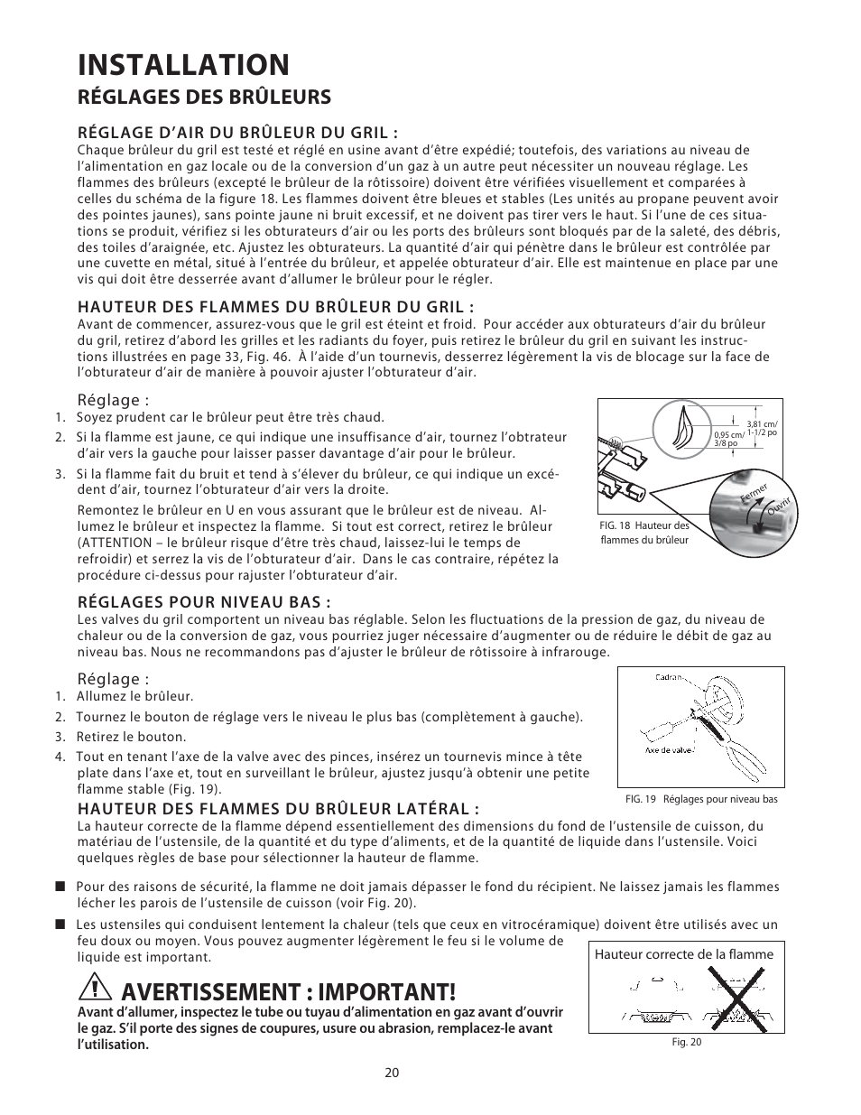 Installation, Avertissement : important, Réglages des brûleurs | DCS Use & Care Guide User Manual | Page 60 / 80
