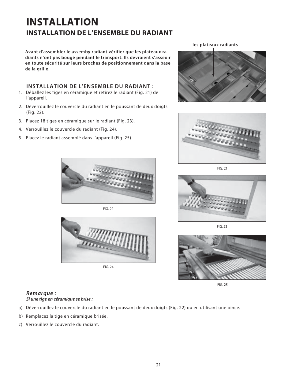 Installation, Installation de l’ensemble du radiant | DCS Use & Care Guide User Manual | Page 61 / 80