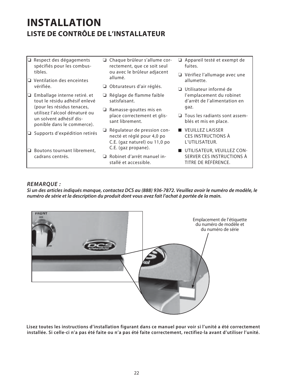 Installation, Liste de contrôle de l’installateur | DCS Use & Care Guide User Manual | Page 62 / 80