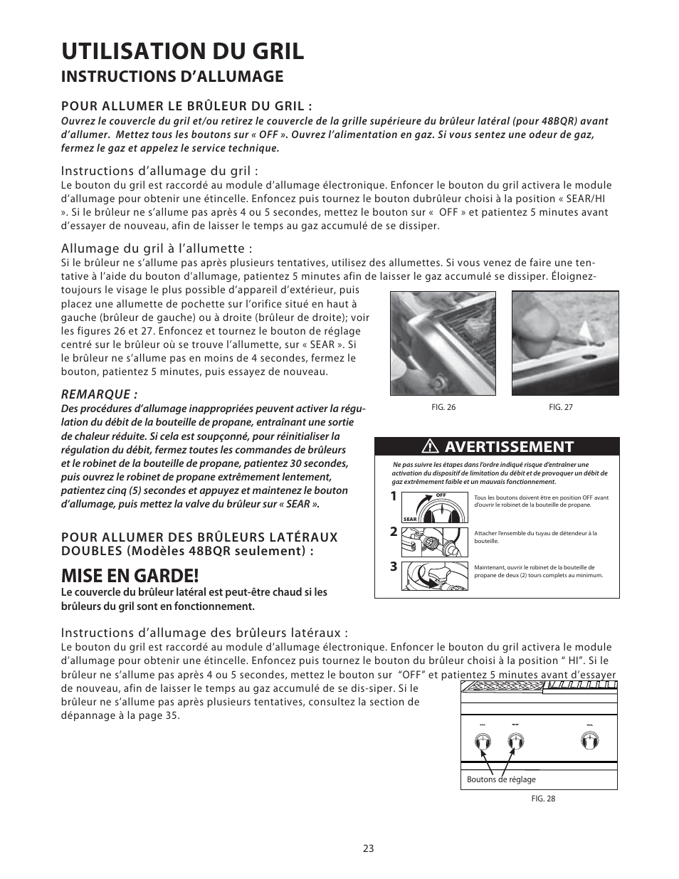 Utilisation du gril, Mise en garde, Instructions d’allumage | Avertissement | DCS Use & Care Guide User Manual | Page 63 / 80