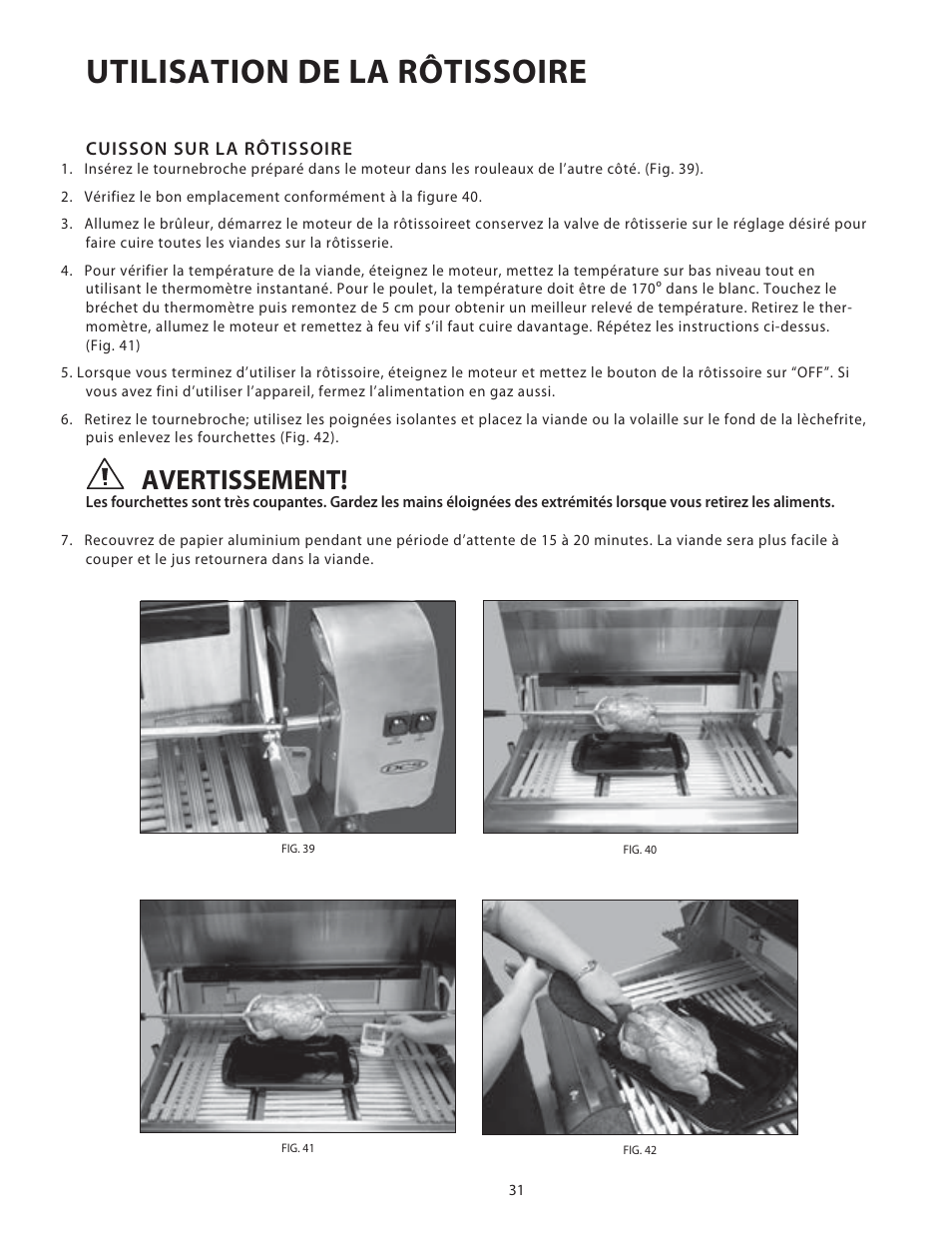 Utilisation de la rôtissoire, Avertissement | DCS Use & Care Guide User Manual | Page 71 / 80