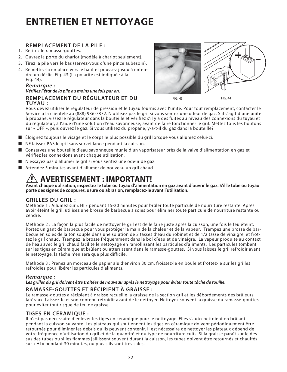 Entretien et nettoyage, Avertissement : important | DCS Use & Care Guide User Manual | Page 72 / 80