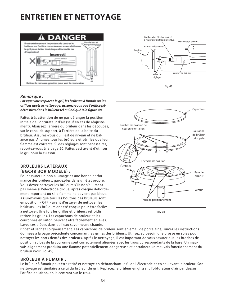 Entretien et nettoyage, Remarque, Brûleurs latéraux (bgc48 bqr modele) | Brûleur à fumoir | DCS Use & Care Guide User Manual | Page 74 / 80