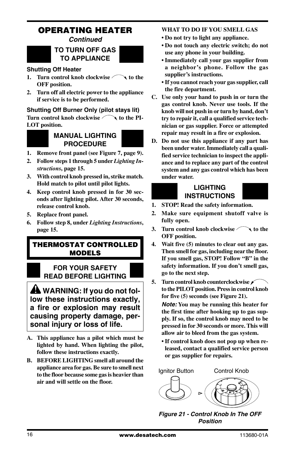 Operating heater, Continued | Desa 10542 User Manual | Page 16 / 32