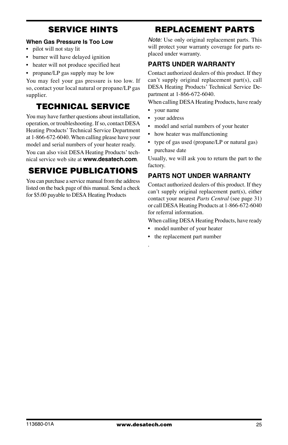 Service hints, Technical service, Service publications | Replacement parts | Desa 10542 User Manual | Page 25 / 32